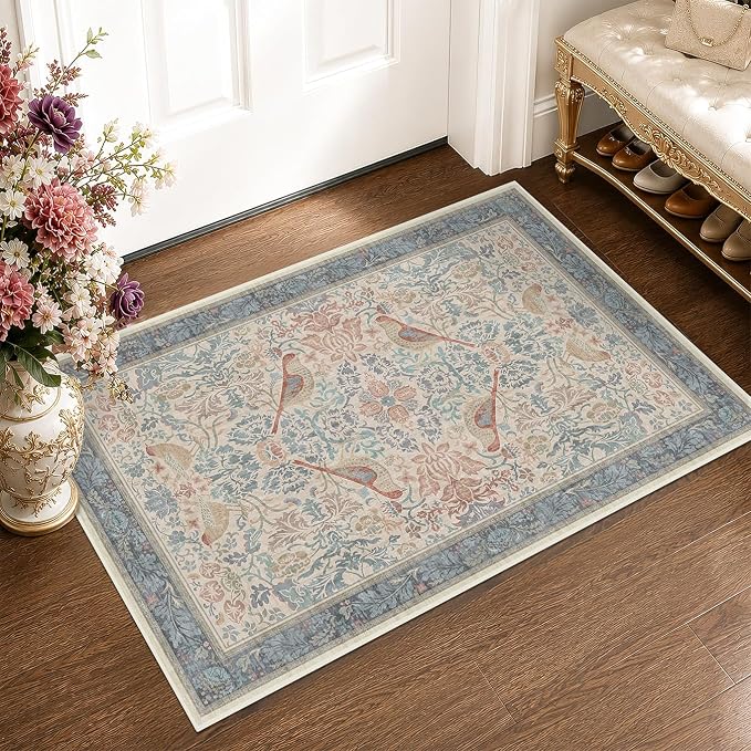 Hazo Haus Washable Red Blue 2x3 Entry Rug Front Door Indoor, Boho Cottagecore by HazoHaus