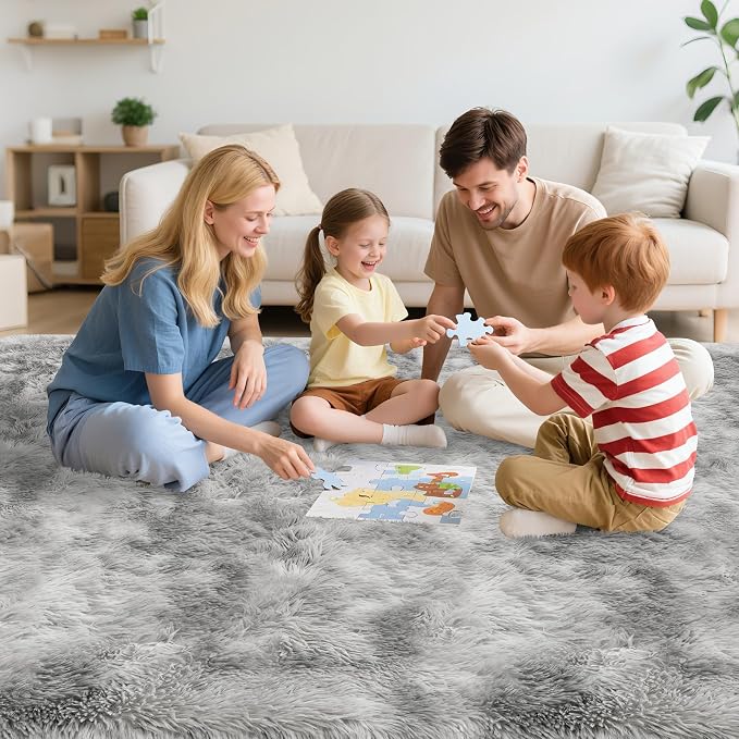 8x10 Area Rugs for Living Room Soft Fluffy Grey and White Rug for Bedroom Under - Image 3