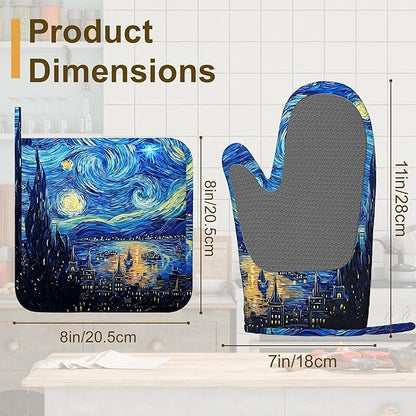 Starry Night Oven Mitts and Pot Holders Set of 4, Heat Resistant Non Slip - Image 2