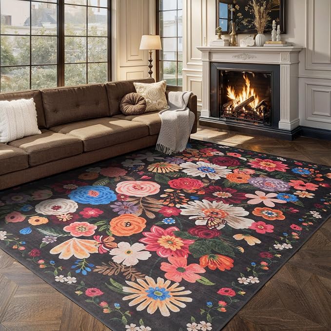 Espresso Area Rugs 10x14 for Living Room, Non Slip Machine Washable Floral Rugs - Image 7