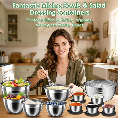 Mixing Bowls with Lids Set, Metal Salad Bowls with Colander, Grater & Dressing - Image 4