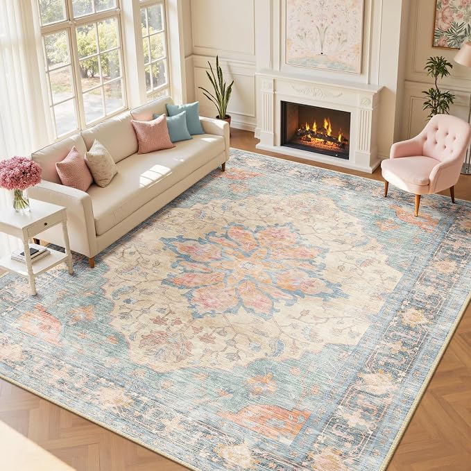 RELEANY Area Rugs Large 10'x12' Washable Non-Slip, Floral Vintage Distress - Image 2