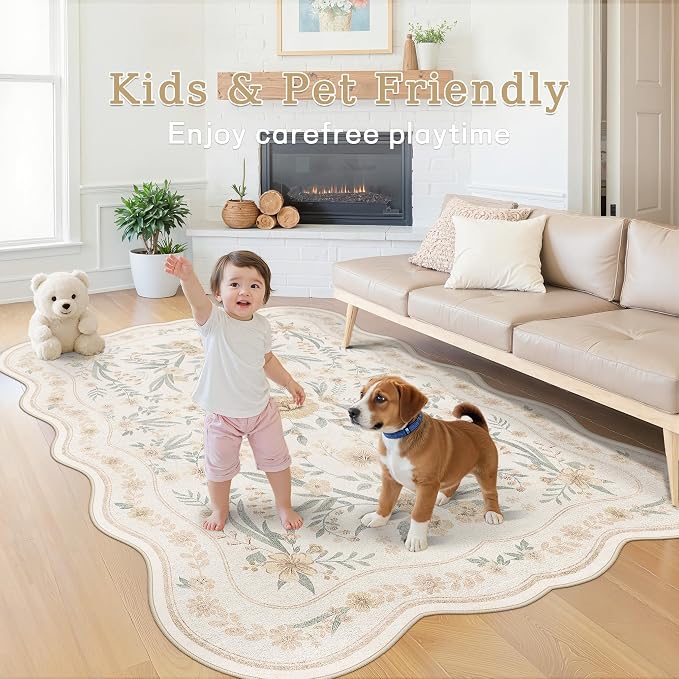 Scalloped Floral Rug 5x7, Neutral Beige Washable Non Slip Area Rug - Image 3