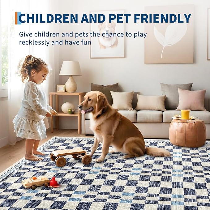GarveeHome 2x8 Runner Rug for Kitchen Bathroom Modern Blue Checkered Long Rug - Image 2