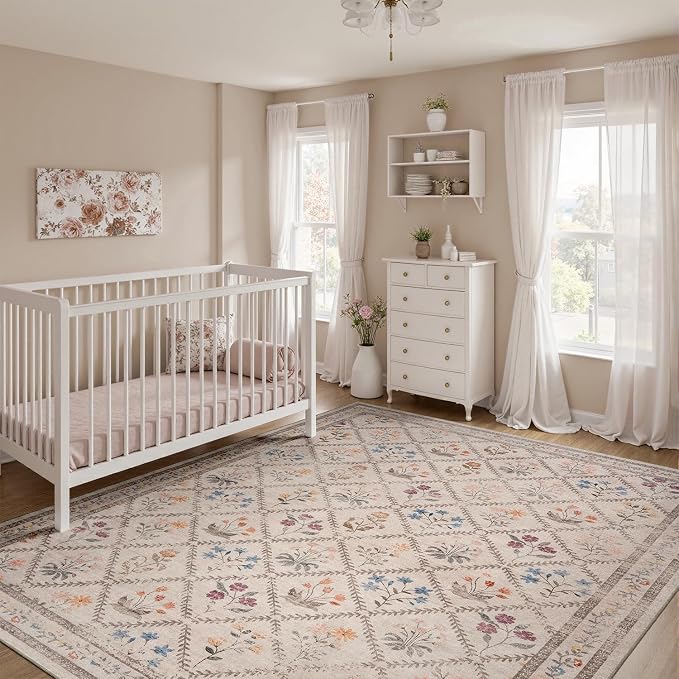 DCX Washable 4x6 Rose Biege Floral Rug - Image 4