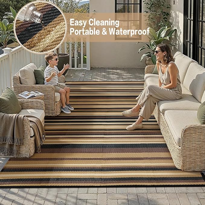Outdoor Plastic Straw Rug Waterproof Patio 6x9 Brown Black Stripe Mat - Image 7