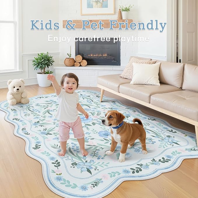 Scalloped Blue Floral Rug 6x9, Washable Soft Faux Wool Area Rug - Image 3