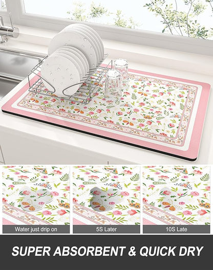 Rnivvi Dish Drying Mat for Kitchen Counter, XL 15 x 24" Cute Flower Theme - Image 3