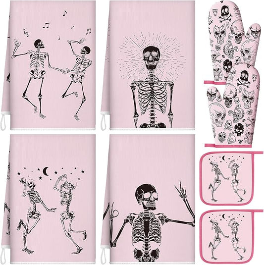 Leinuosen 8 Pcs Skull Kitchen Decor Set Kitchen Towels Gothic Oven Mitts and by Leinuosen
