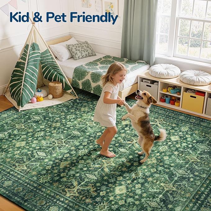 Lessymo Washable Area Rug for Living Room, 9x12 Green Large Rugs - Image 3