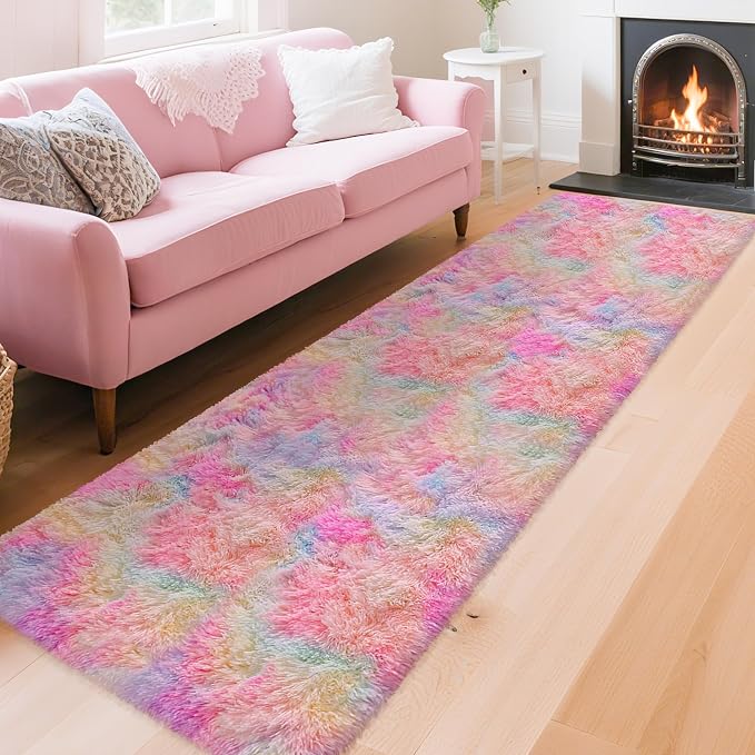 Shaggy Unicorn Rugs for Girls Bedroom Colorful Rainbow Rug for Girls Room 2x8 - Image 2