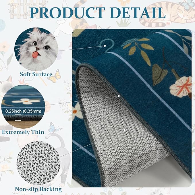 Unirea 2x6 Dark Blue Cat Runner Rug, Washable Non Slip Botanical Rug - Image 4