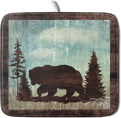 Giwawa Retro Brown Bear Forest Cabin Dish Drying Mat Countertop 16x18 Fall Blue by Giwawa
