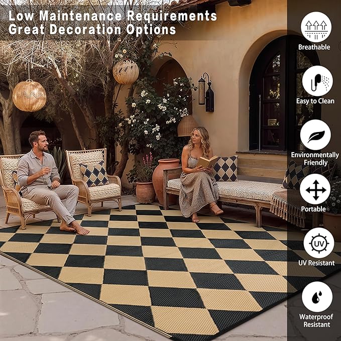 Outdoor Plastic Checkered Rug Waterproof Patio 6x9 Black Brown Diamond Geometry - Image 4