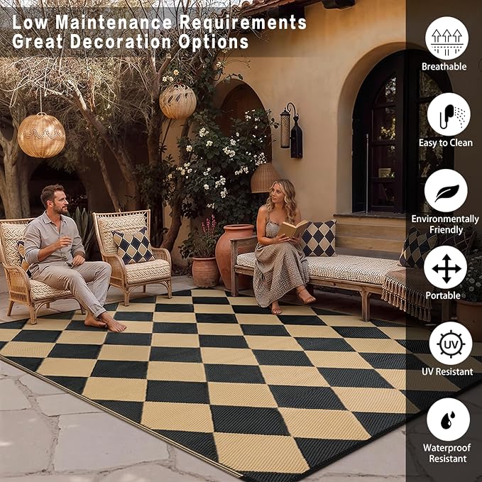 Outdoor Plastic Checkered Rug Waterproof Patio 9x12 Black Brown Diamond - Image 3