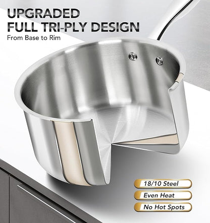 MICHELANGELO 1Qt & 2Qt Tri-ply Stainless Steel Saucepan Set, Small Cooking Pots - Image 2