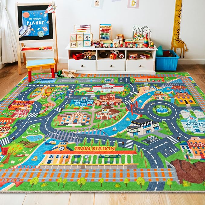 Car Rug Play Mat for Kids Toy Cars, Road Traffic Playmat for Kid Bedroom by PlumlikHomeDecor