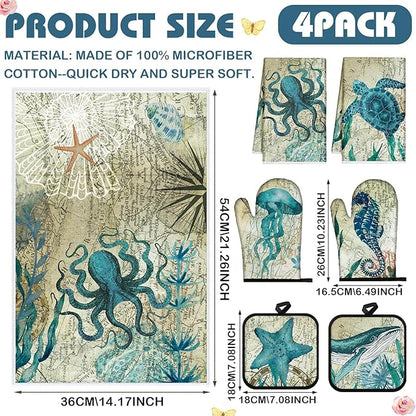 6 Pcs Sea Ocean Beach Kitchen Towels Pot Holders and Oven Mitts Set Coastal - Image 3