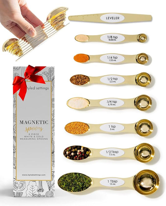 White and Gold Magnetic Measuring Spoons – Stainless Steel Double Sided by STYLEDSETTINGS