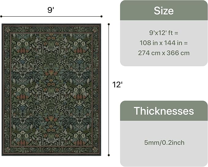 GENIMO 9x12 Washable Area Rug, Non-Slip Vintage Boho Floral Carpet, Soft - Image 2