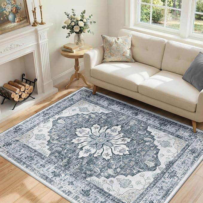 RELEANY Area Rugs 4'x5' Washable Non-Slip, Floral Vintage Distress Medallion by RELEANY