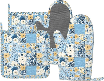 Oven Mitts and Pot Holders Floral Blue Pastel Vintage Silicone Kitchen by DADABULIU