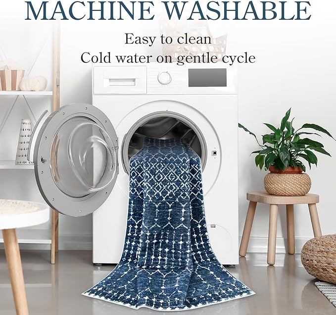Lahome Moroccan Blue Area Rug 5x7 Machine Washable Non-Slip Throw Living Room - Image 4