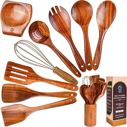 Teak Wooden Utensil Set 10 Piece, Kitchen Cooking Utensils - Image 2
