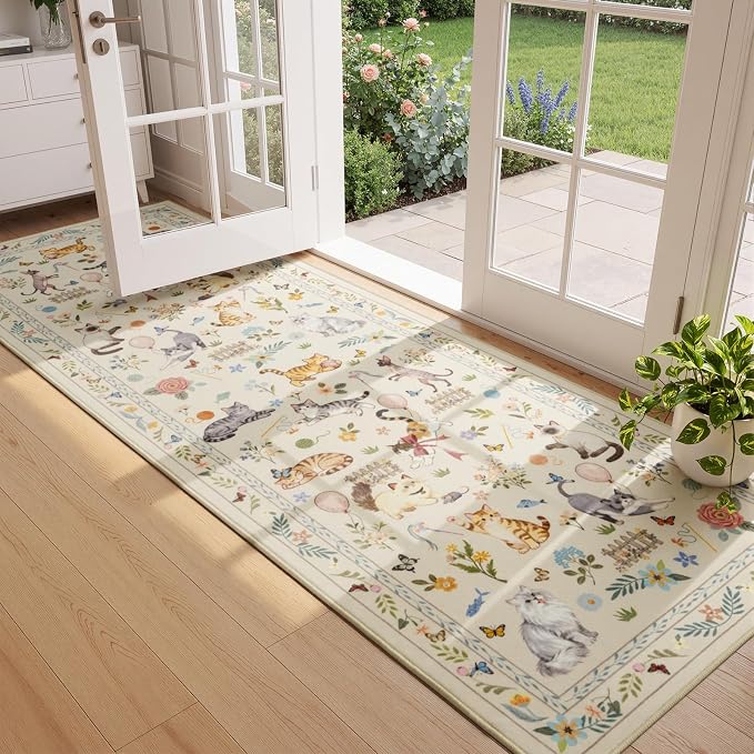 Unirea 2.6x8 Beige Cat Runner Rug, Washable Non Slip Botanical Rug - Image 8