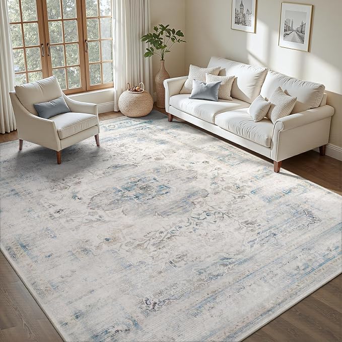 DCX 4x6 Haze Blue Rug, Machine Washable Stain Resistant Distressed Vintage Rug - Image 2