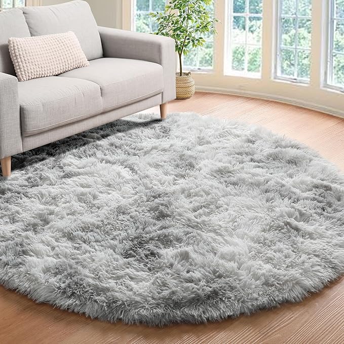 ONASAR Round Rugs 5ft for Bedroom Living Room, Fluffy Tie-Dyed Light Grey - Image 8
