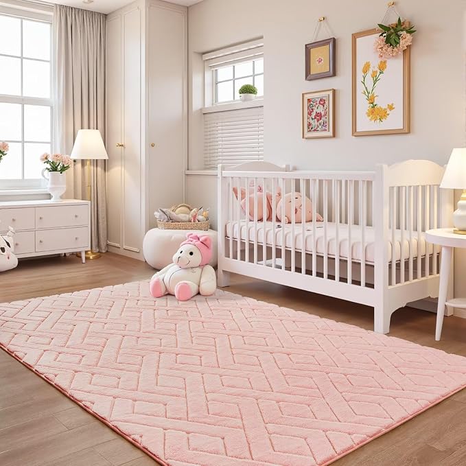5x7 Pink Washable Area Rug for Girls Bedroom Living Room, Modern Geometric Shag - Image 5