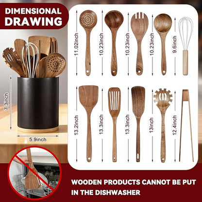SiliFine 11 Pcs Wooden Kitchen Utensils Set - Image 2