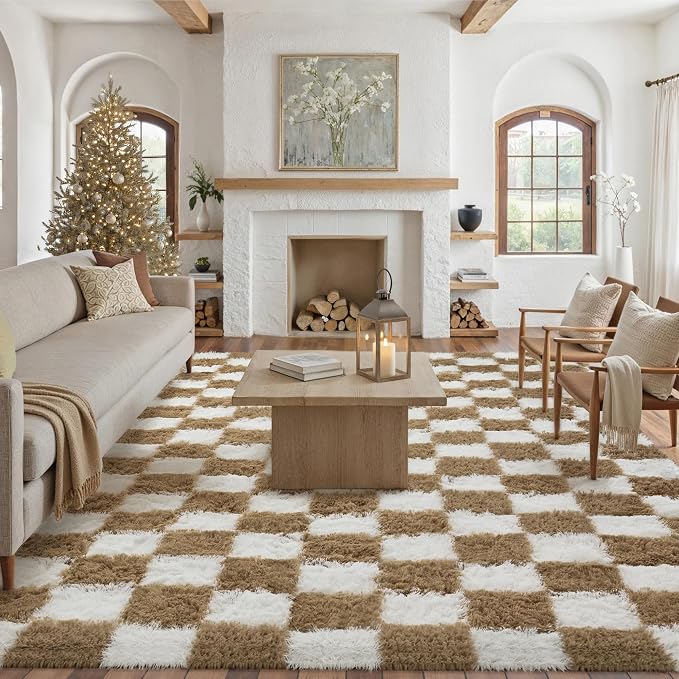 PureCozy 6x9 Area Rugs for Living Room Brown Soft Shag Checkered Large Rug - Image 5