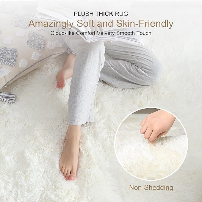 KICHOWUA Thick Area Rug Cream White Fluffy Shag 3x5 - Image 2