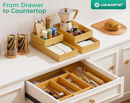 Long Bamboo Kitchen Drawer Organizer Boxes – 17" x 6" Stackable Wood Silverware - Image 7