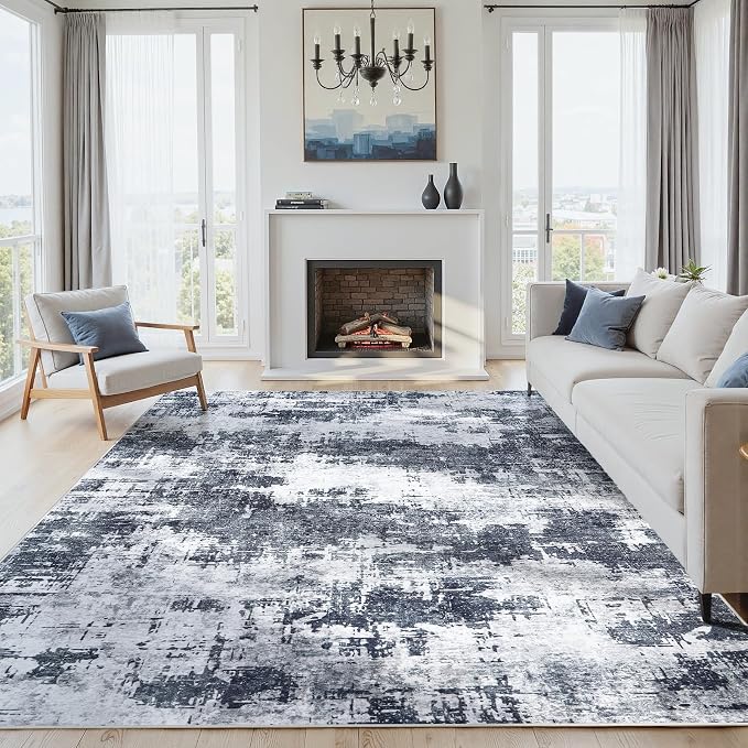 5x7 Area Rugs for Living Room Washable: Abstract Soft Thin Low Pile Black Rug by Oriannal