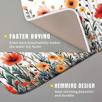 Poppy Flower Dish Drying Mat 16x18 Inch Floral Leaves Dish Drainer Protector - Image 3