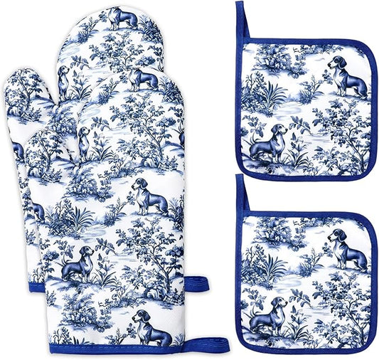 FYSUIMU 4Pcs Chinoiserie Dachshund Oven Mitts and Pot Holders Set Heat by FYSUIMU