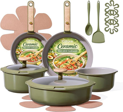 CAROTE 18 Pcs Ceramic Cookware Set Detachable Handle, Non Toxic Pots and Pans by CAROTE