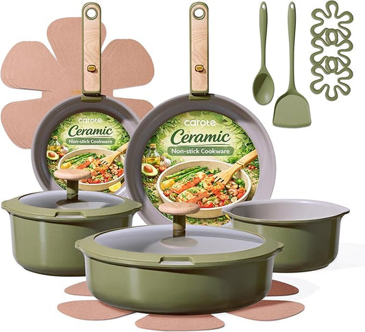 CAROTE 18 Pcs Ceramic Cookware Set Detachable Handle, Non Toxic Pots and Pans by CAROTE