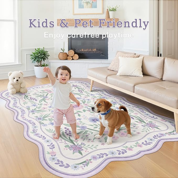 Scalloped Floral Rug 6x9, Soft Low Pile Cottagecore Rug - Image 3