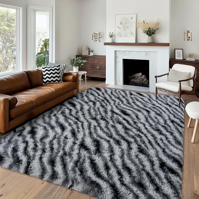 Fluffy Rugs for Living Room, 6x9 Ft Zebra Black and White Area Rug, Soft Large by WISHTREE