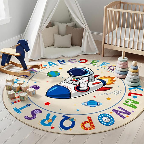 ABC Kids Alphabet Round Rug 6ft – Washable Soft Circle Nursery Rug, Non-Slip by KiginaraArt