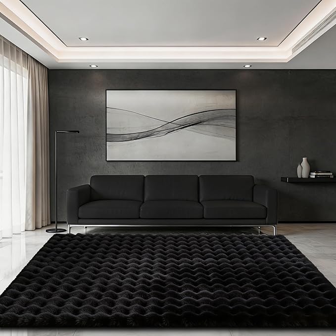 Black Rabbit Plush Rug 4'x6', Fluffy Shaggy Area Rug - Image 3