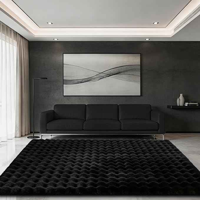 Black Rabbit Plush Rug 5'x8', Fluffy Faux Fur Shaggy Area Rug - Image 3
