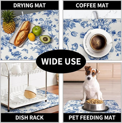 Dish Drying Mat for Kitchen Counter Blue and White Floral Drying Mats - Image 7