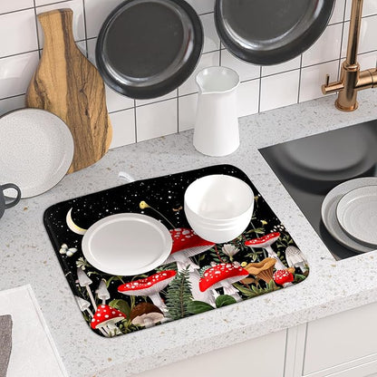 Red Mushroom Dish Drying Mat for Kitchen Counter Plant Leaves Drainer Mats Rack - Image 6