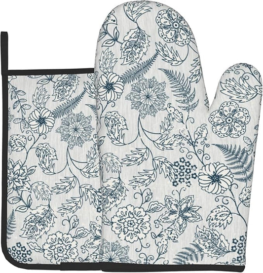 Blue Floral Oven Mitts Set – Vintage Pot Holders Kitchen Gloves by DZGlobal