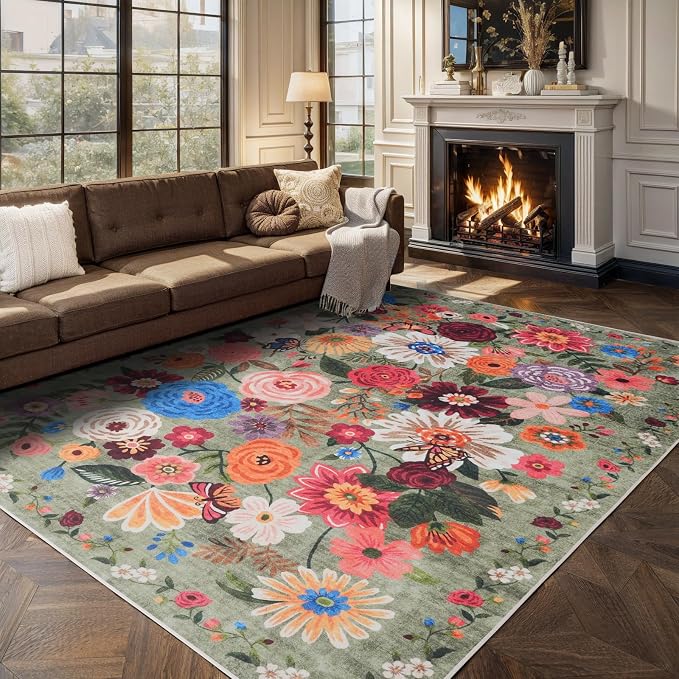 Green Area Rugs 9x12 Washable Non Slip Floral Low Pile Large Rug - Image 6